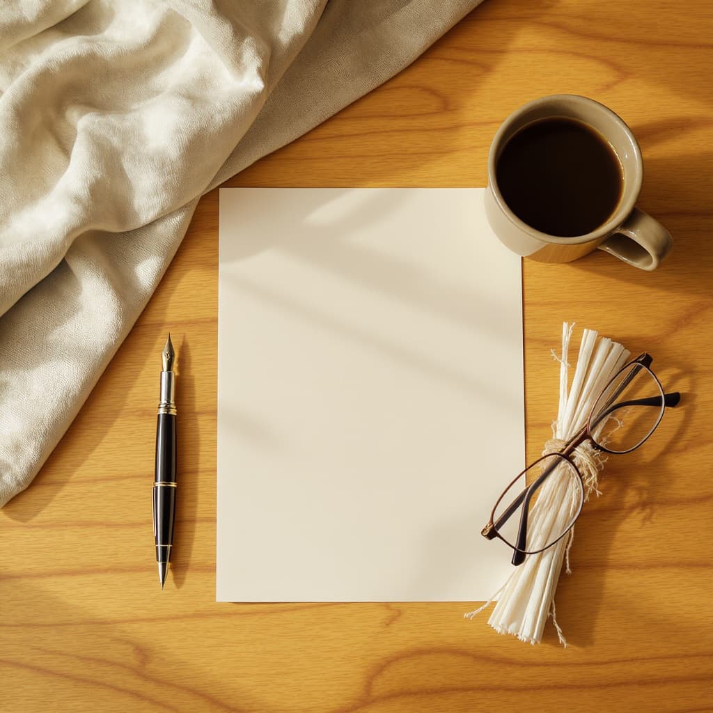 A fountain pen, a mug of coffee, a folded pair of reading glasses, and blank cream paper on a light oak desk.